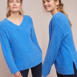 By Anthropologie Clayton Chunky Wool Sweater S Blue‎ V Neck Alpaca Fuzzy Cozy